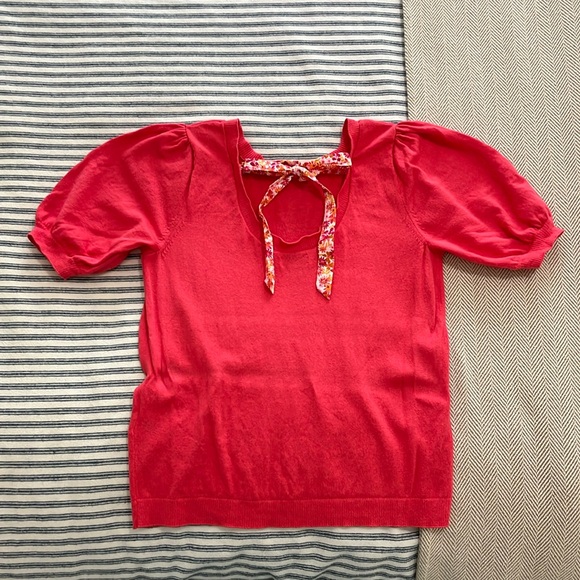 NWOT J Crew Short Sleeve Floral Tie Back Sweater Blouse Puff Sleeve Pink XS - Picture 2 of 9